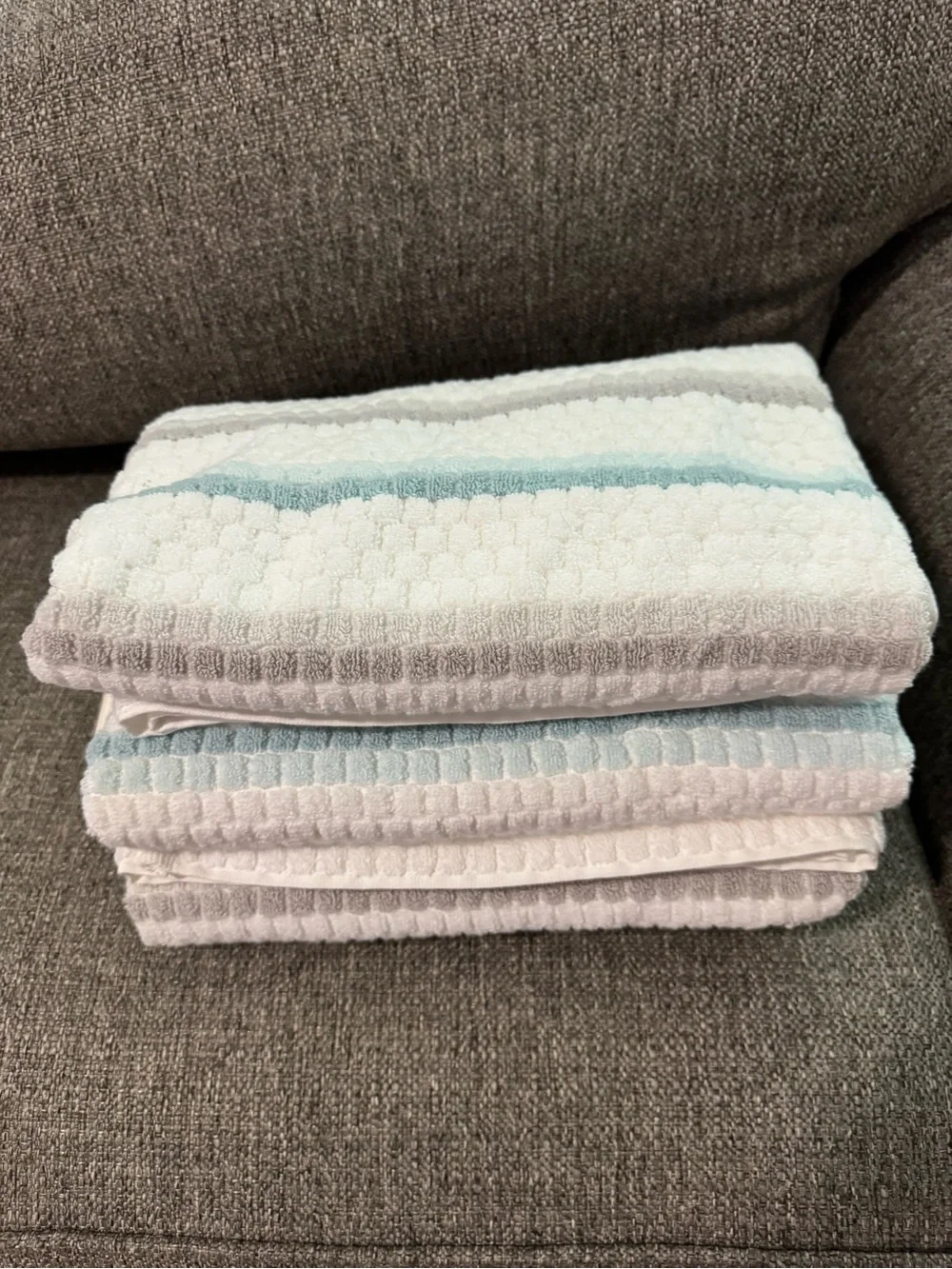 3 Soft White Waffle Weave Bath Towel with Teal and Gray Stripes Brand New